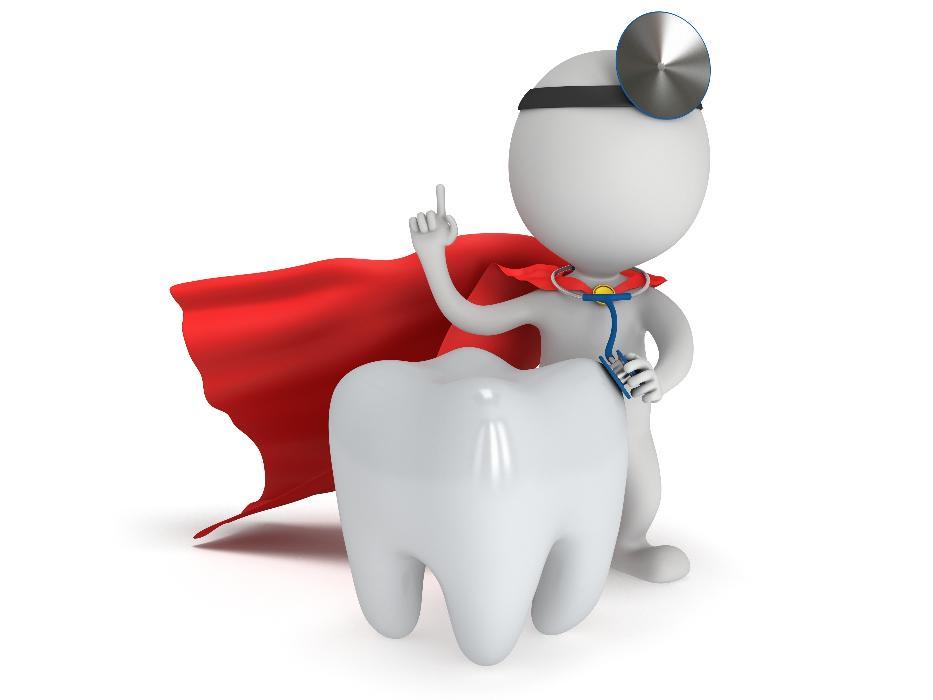 Cartoon of a doctor wearing a cape and providing emergency dental care